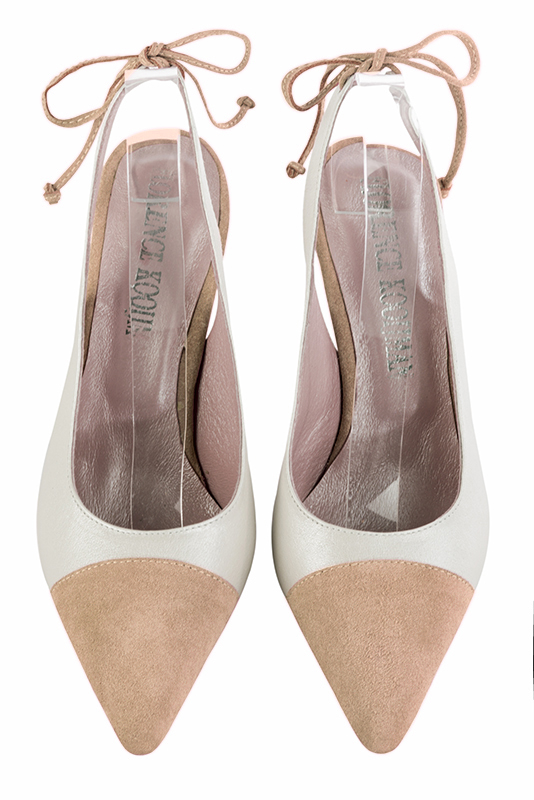 Biscuit beige and pure white women's slingback shoes. Pointed toe. High slim heel. Top view - Florence KOOIJMAN